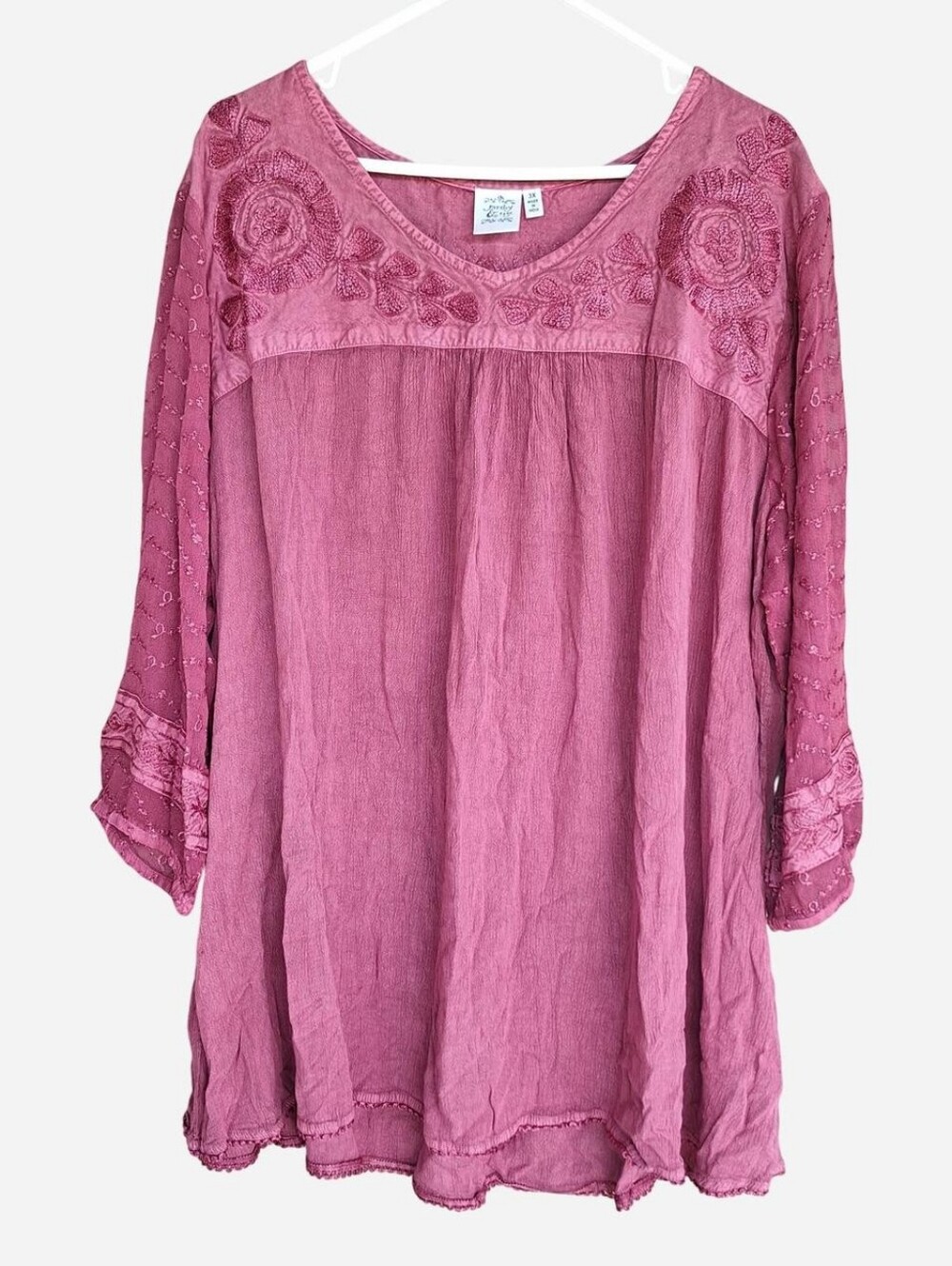 Parsley & Sage 3X Flowy Top Boho Embroidered 3/4 Sleeve Artsy Art To Wear